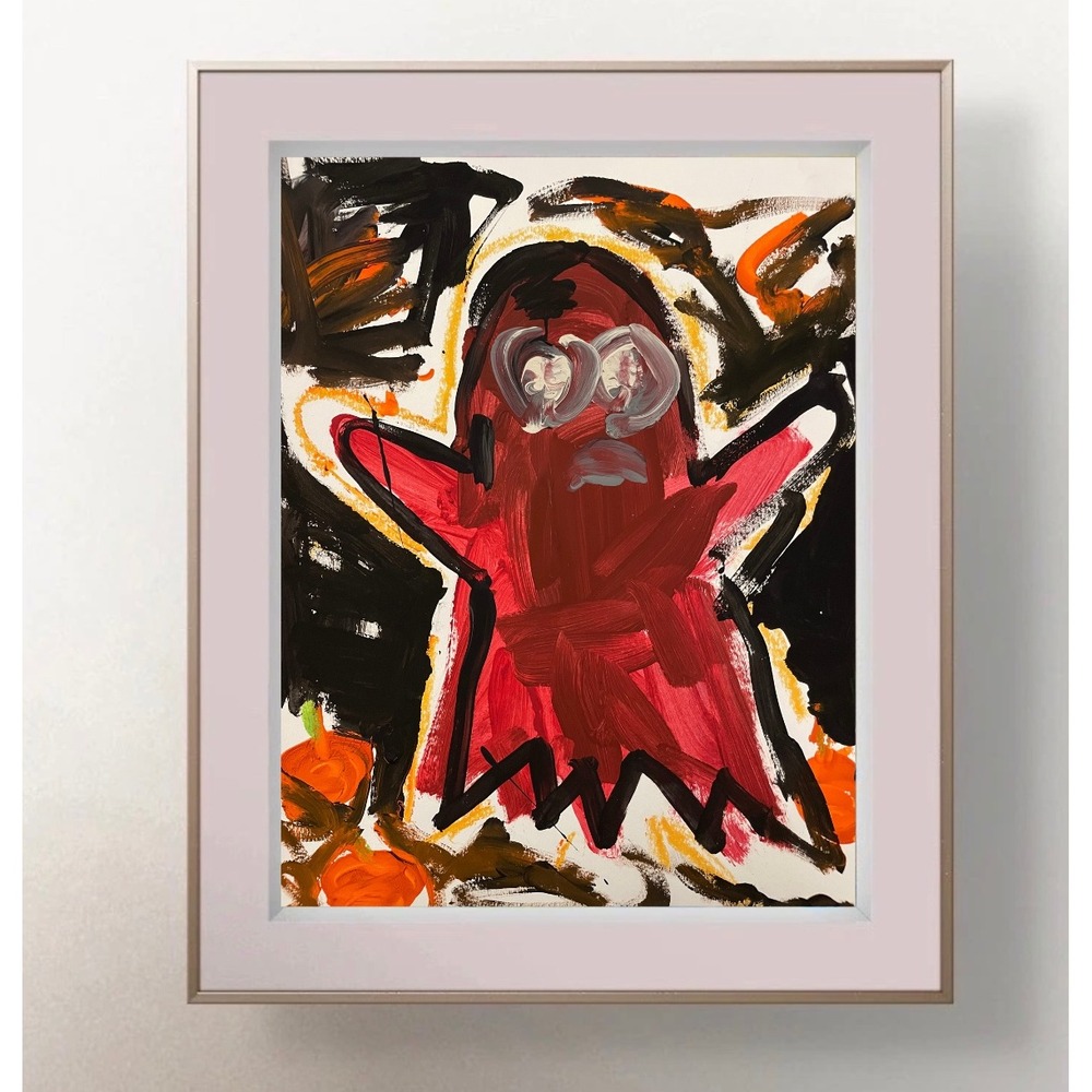OMAN Original Abstract Ghost Painting Red Black 9x12 Mixed Media Paper Art